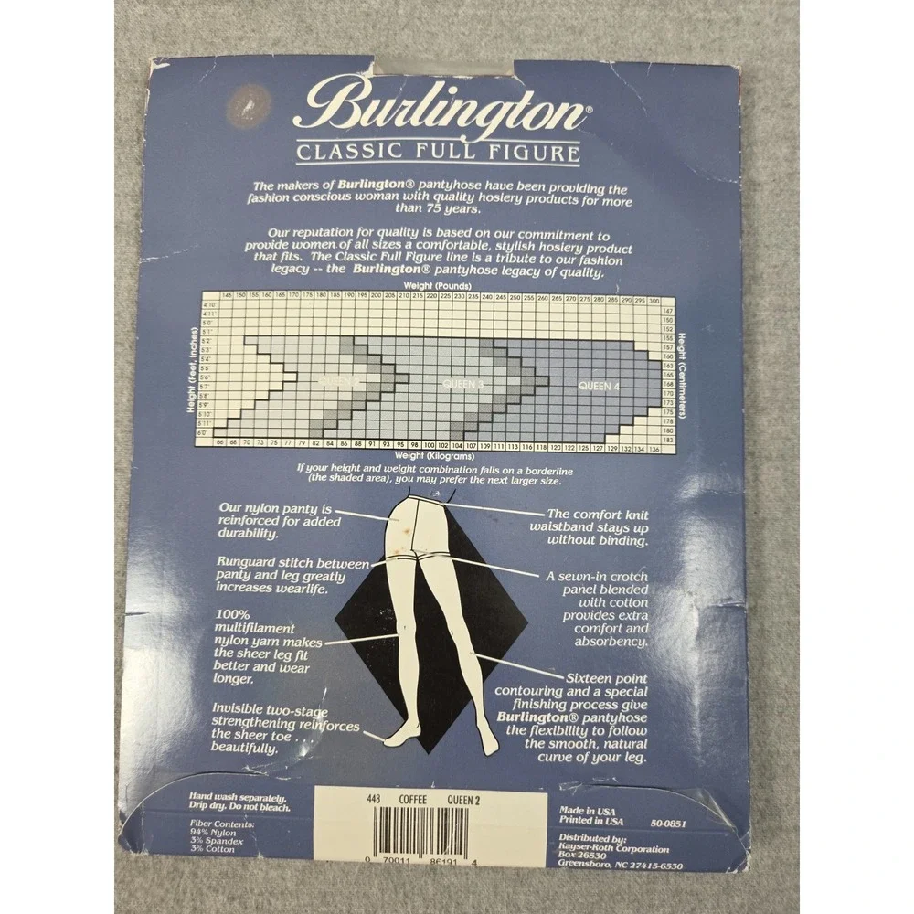 Burlington Pantyhose Classic Full Figure Queen 2 Coffee Basic Sheer Old Stock